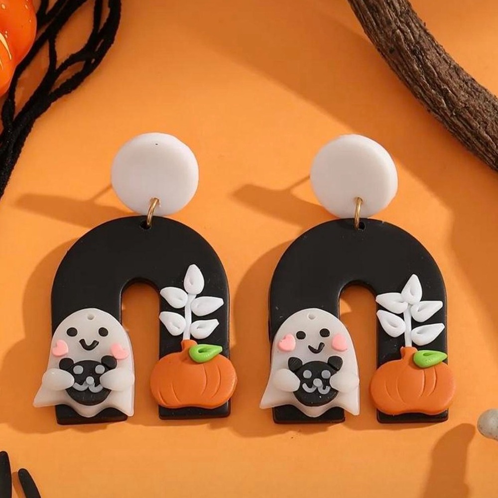 Black and white ghost earrings with orange pumpkin #halloween